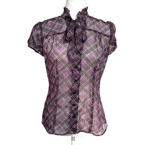 Fairy Grunge Whimsigoth Purple Plaid Sheer Short Sleeve Blouse With Tie Neck 8